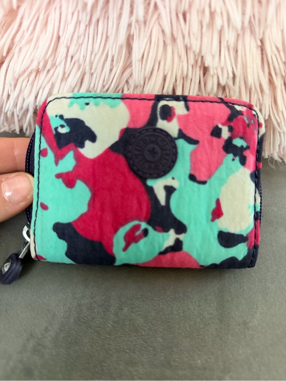 Kipling Compact Zip Wallet in Teal Pink Navy Abstract